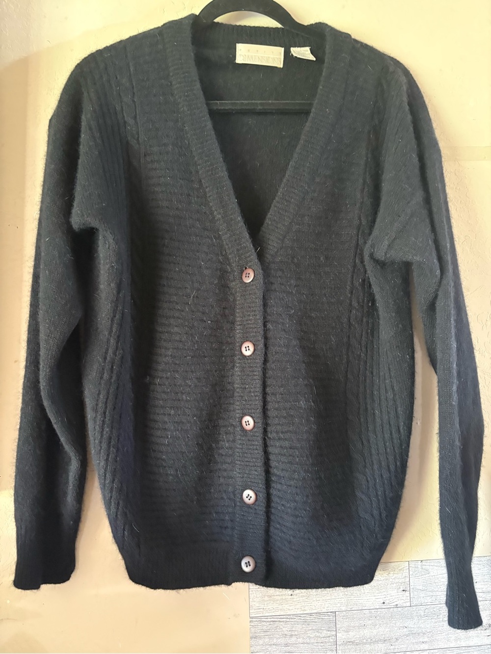 Women's Black V-Neck Button Cardigan Sweater. Lambs wool/ Angora/Nylon